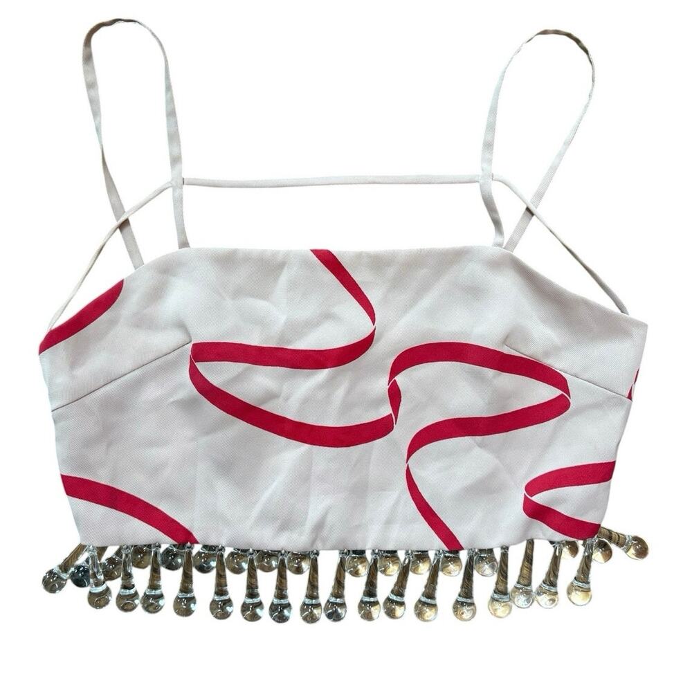 Milin Pale Pink and Raspberry Swirl Print Clear Tassel Beaded Crop Top 2